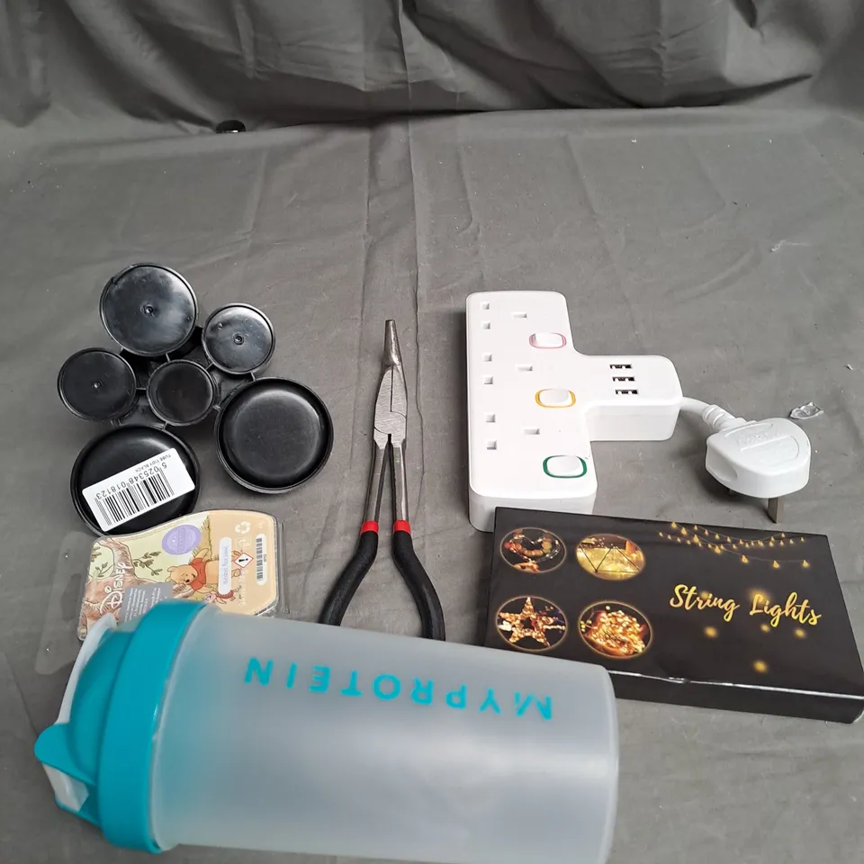 TOTE OF APPROX 20 HOUSEHOLD ITEMS TOO INCLUDE BOTTLES , EXTENSION LEADS , TOOL KITS