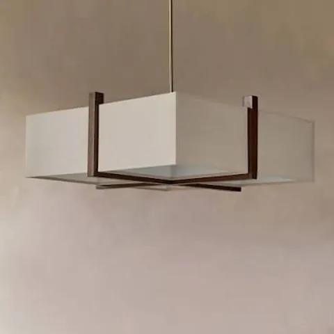 BOXED DANETTI ADDISON LARGE 3 BULB BAR PENDANT LIGHT - NATURAL LINEN SHADE WITH DARK WOOD