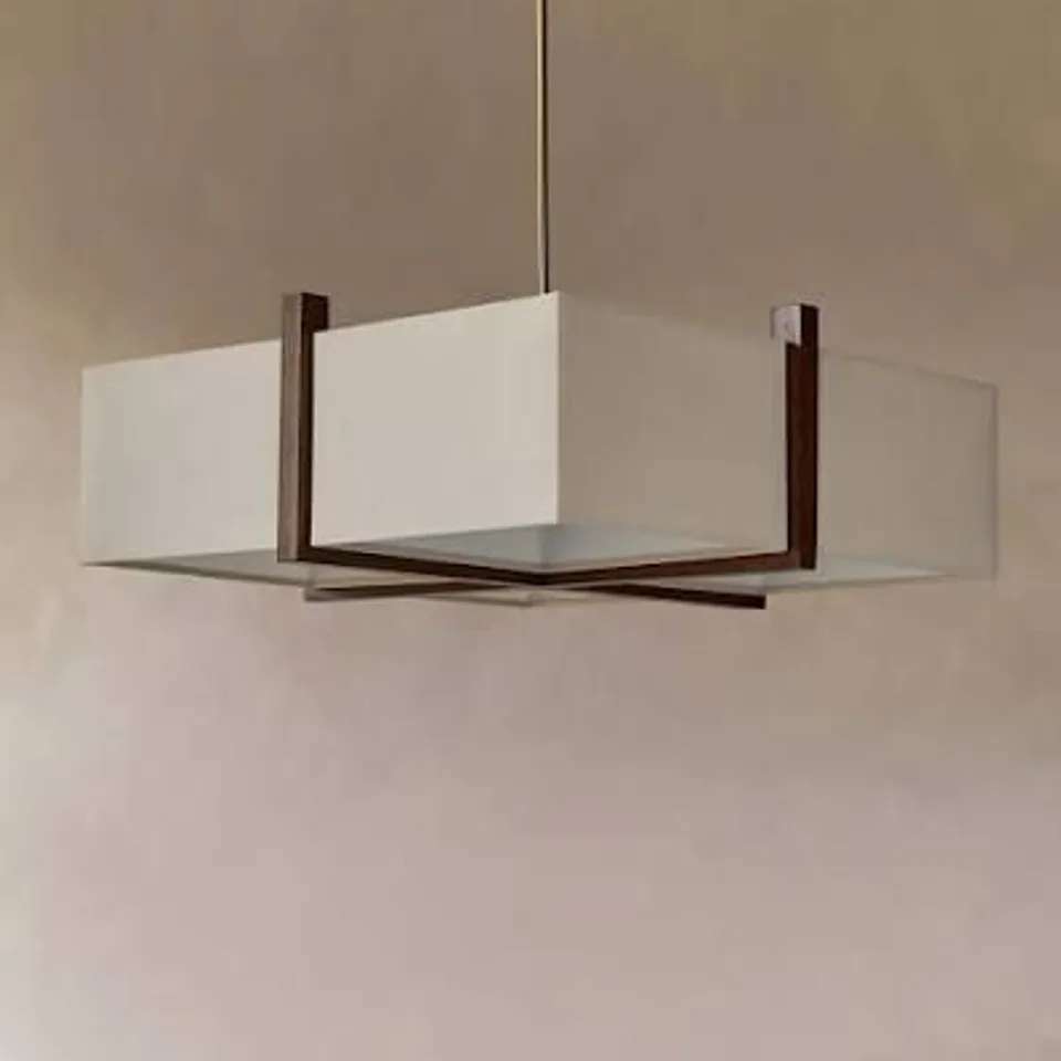 BOXED DANETTI ADDISON LARGE 3 BULB BAR PENDANT LIGHT - NATURAL LINEN SHADE WITH DARK WOOD