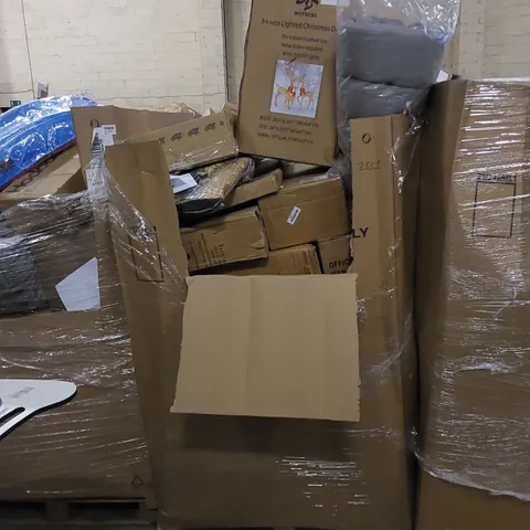 PALLET TO CONTAIN ASSORTED HOUSEHOLD ITEMS AND CONSUMER PRODUCTS. INCLUDING FOLDING CHAIR, OFFICE CHAIR, TOILET SEATS, CHRISTMAS DECOR, BOXED FURNITURE ETC