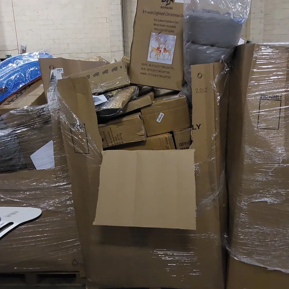 PALLET TO CONTAIN ASSORTED HOUSEHOLD ITEMS AND CONSUMER PRODUCTS. INCLUDING FOLDING CHAIR, OFFICE CHAIR, TOILET SEATS, CHRISTMAS DECOR, BOXED FURNITURE ETC