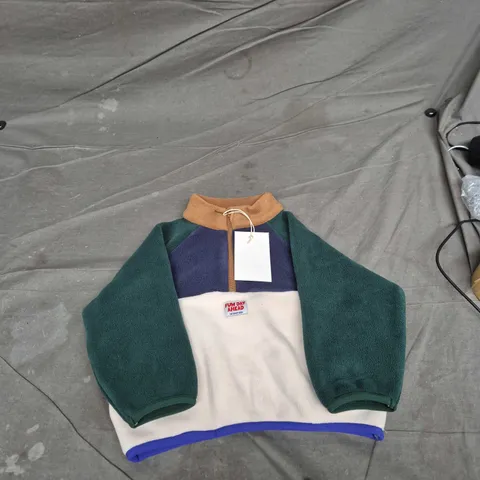 ZARA Kids' colour-block fleece pullover jacket – green sleeves, purple chest, beige body – size 86 cm – Fun Day Ahead