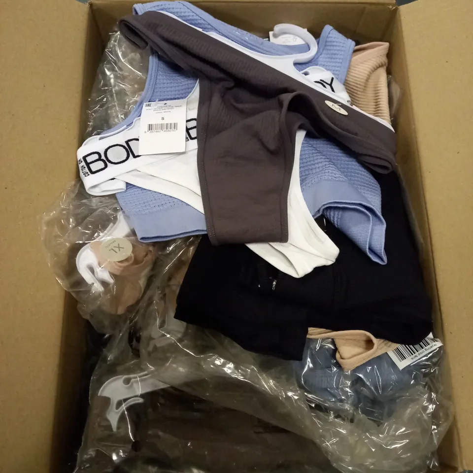 BOX OF BRAND NEW COTTON ON CLOTHING BOX INCLUDES WOMENS UNDERWEAR , BRA'S AND TOPS ALL COMING IN A VARIETY SIZES AND COLOURS 