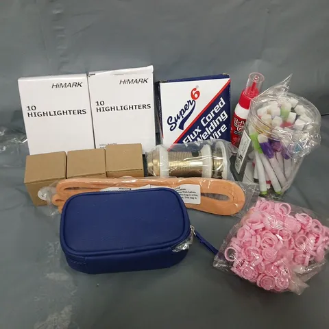 APPROXIMATELY 15 ASSORTED HOUSEHOLD ITEMS TO INCLUDE HIGHLIGHTERS, FLUX CORED WELDING WIRE, TACKY PVA GLUE, ETC