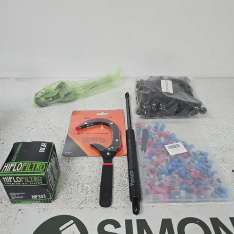 APPROXIMATELY 15 ASSORTED ITEMS INCLUDING HIFLO FILTRO OIL FILTER, WY PRODUCTS MAGNETIC FILTER LID REMOVAL TOOL AND SOME FLEXLIFT GAS SPRINGS
