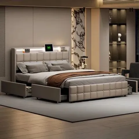 BOXED UPHOLSTERED BED WITH LED LIGHTS AND 4 DRAWERS (2 BOXES)