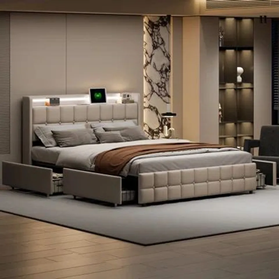 BOXED UPHOLSTERED BED WITH LED LIGHTS AND 4 DRAWERS (2 BOXES)