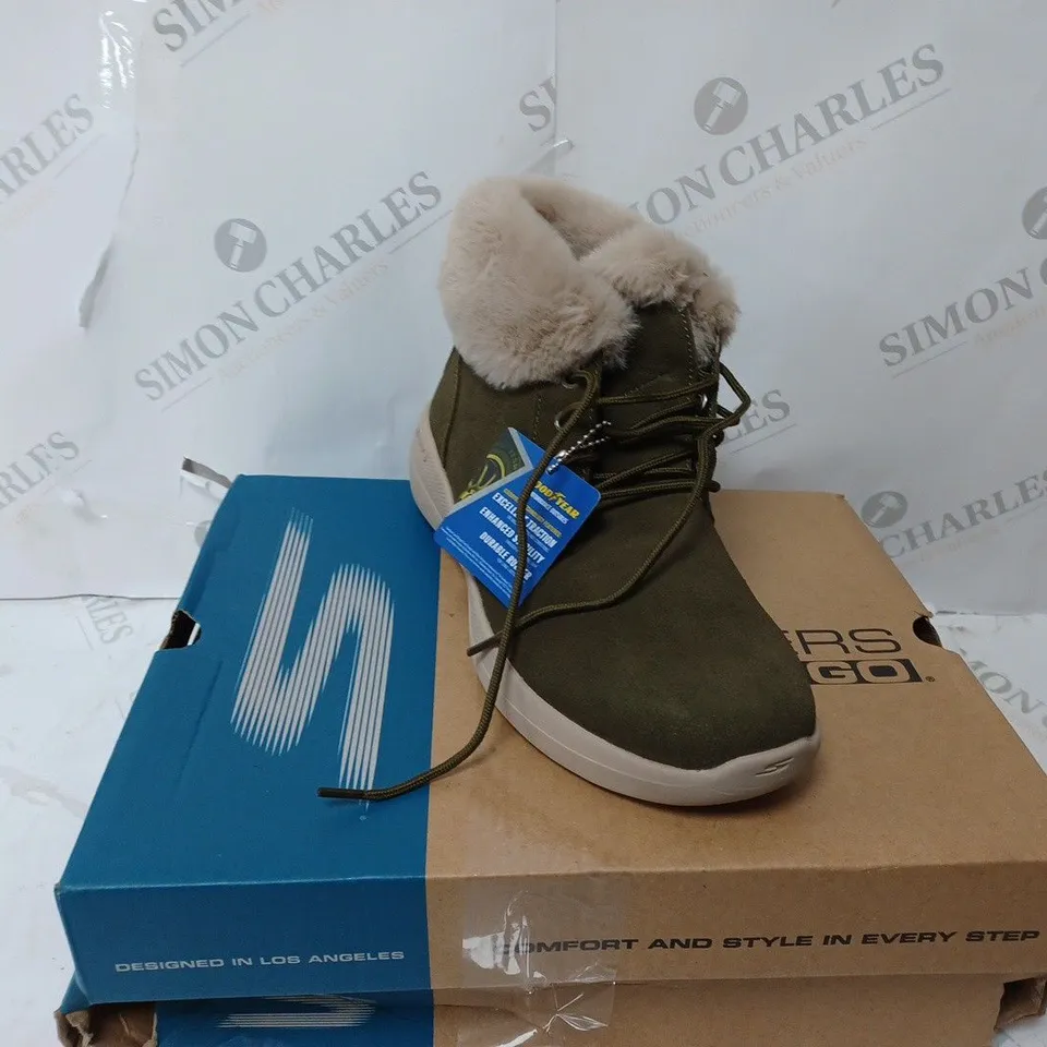 BOXED SKECHERS GO WALK STABILITY SUEDE BOOTS, OLIVE - SIZE 3