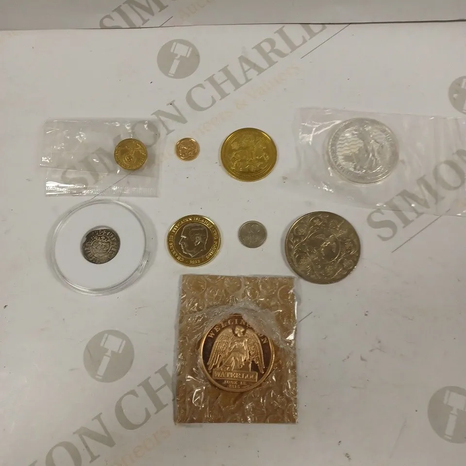 BOX TO CONTAIN APPROX. 9 X ASSORTED HISTORICAL & COLLECTABLE COINS. DESIGNS AND CURRENCIES VARY