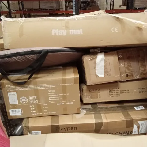 PALLET OF ASSORTED HOUSEHOLD GOODS AND PRODUCTS TO INCLUDE; BABY PLAYPENS, BABY PLAY MAT ETC