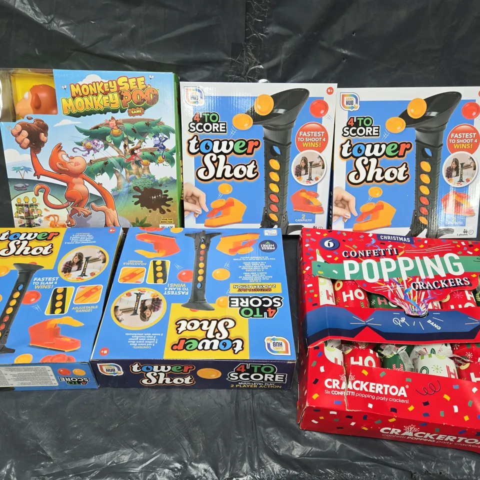 APPROXIMATELY 8 ASSORTED GAMES TO INCLUDE TOWER SHOT, MONKEY SEE MONKEY POO, AND POPPING CRACKERS ETC.