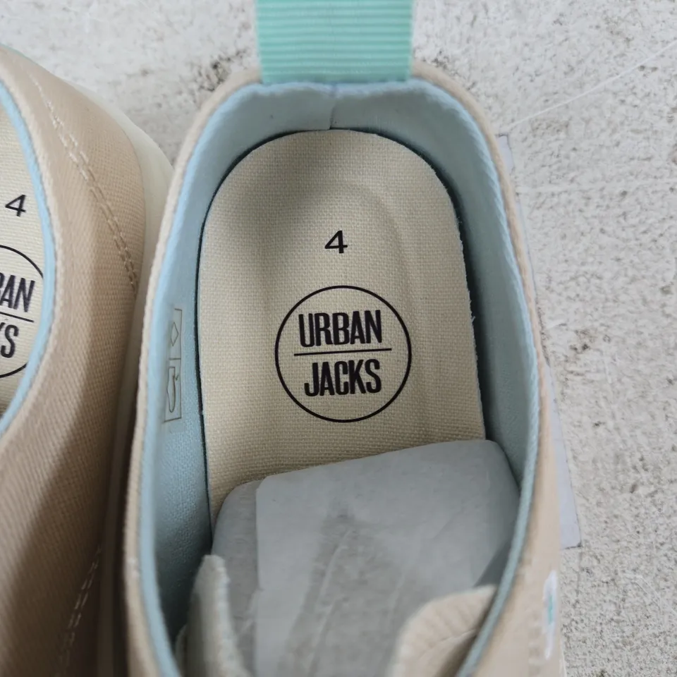 URBAN JACKS SNEAKERS – BEIGE CANVAS WITH MINT ACCENTS, UK SIZE 4 