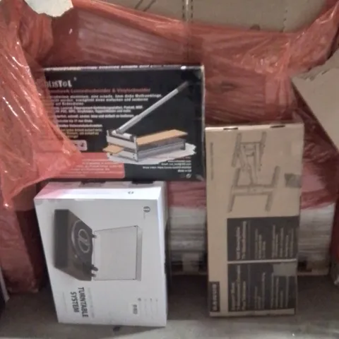PALLET OF ASSORTED HOUSEHOLD GOODS AND PRODUCTS TO INCLUDE;FLOOR CUTTER,TURNTABLE SYSTEM,TV WALL MOUNT BRACKET 