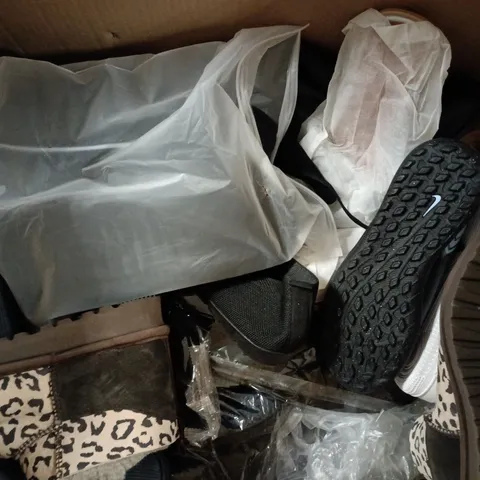 BOX OF APPROXIMATELY 15 ASSORTED PAIRS OF SHOES AND FOOTWEAR ITEMS IN VARIOUS COLOURS, STYLES, AND SIZES - COLLECTION ONLY