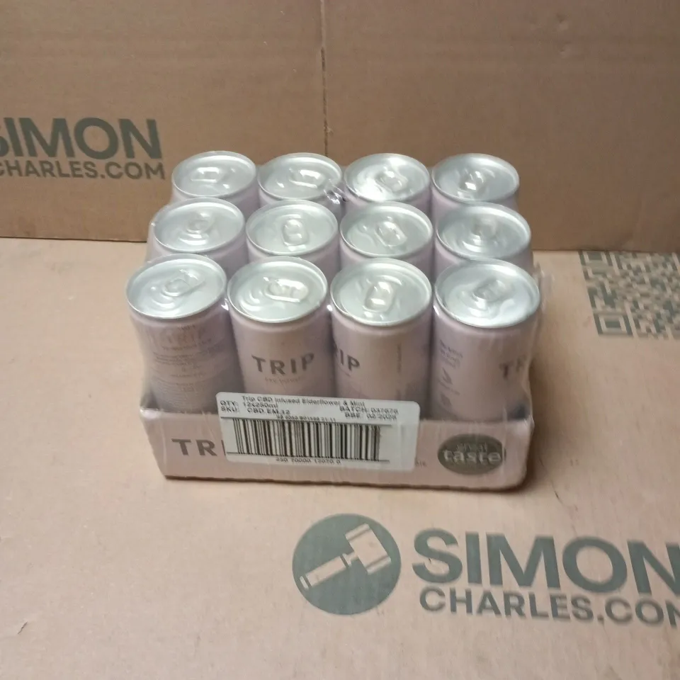 TRIP CBD INFUSED ELDERFLOWER AND MINT BEVERAGE CANS – 12-PACK - 12 X 250ML - BB 02/28