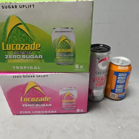 APPROXIMATELY 12 ASSORTED DRINKS ITEMS TO INCLUDE - LUCOZADE TROPICAL , LUCOZADE PINK LEMONADE , IRN BRU ETC