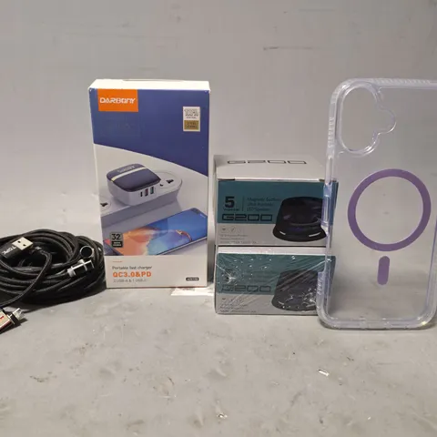 TOTE OF APPROXIMATELY 15 ASSORTED ITEMS TO INCLUDE - PHONE CASES , G200 MAGNETIC SPEAKER , DARBONY PORTABLE FAST CHARGER ETC