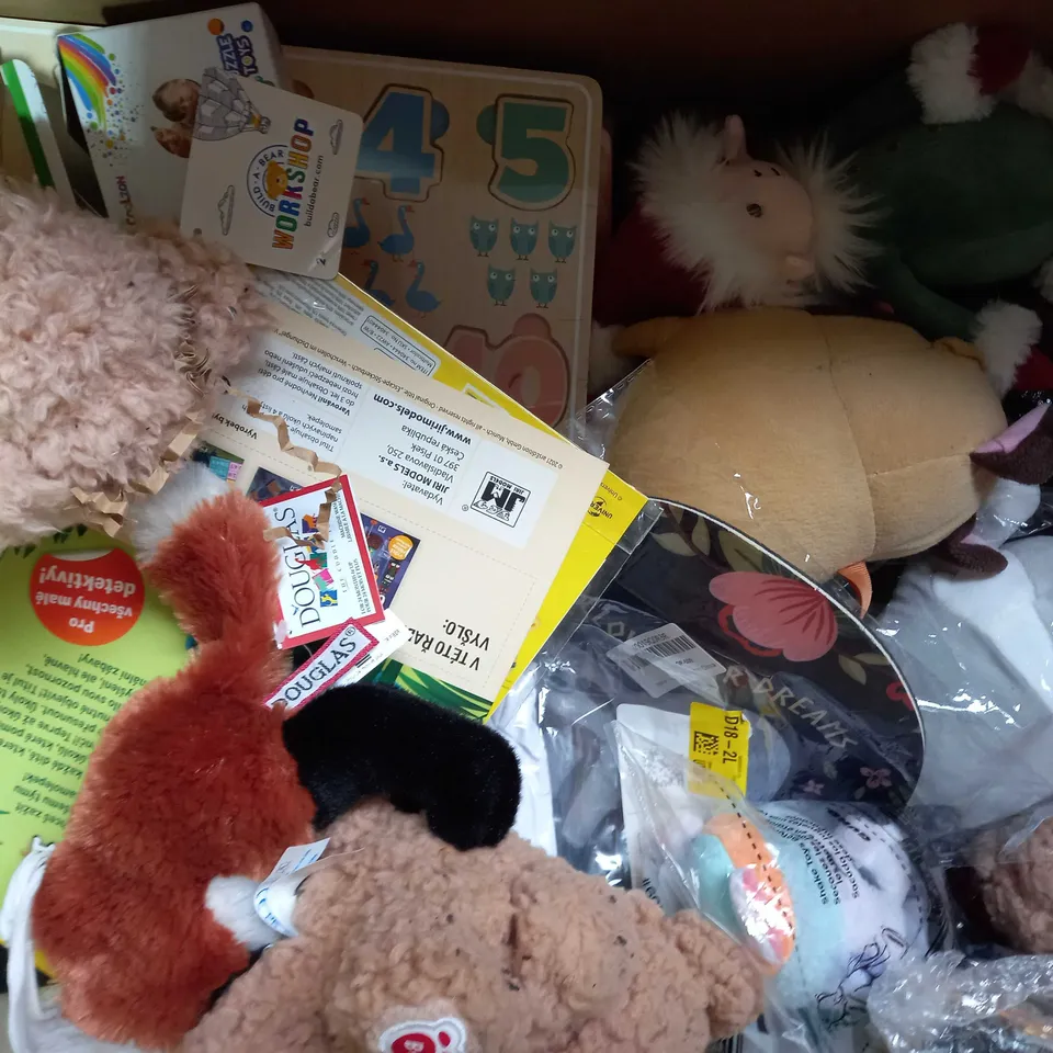 BOX OF APPROXIMATELY 15 ASSORTED TOYS AND GAMES TO INCLUDE SNUG AROOZ DROWSY THE DRAGON, MELISSA AND DOUG PRINCESS STAMP SET, TABLETOP FOOTBALL, ETC