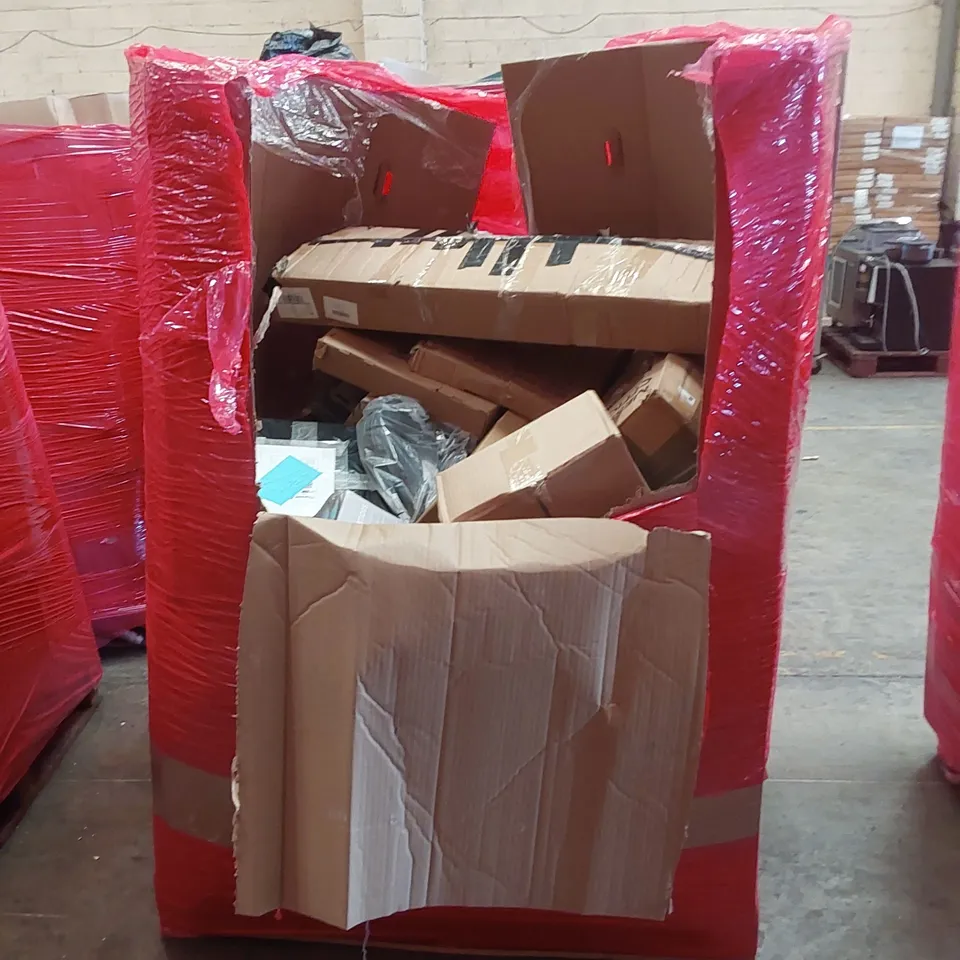 PALLET OF ASSORTED HOUSEHOLD GOODS AND PRODUCTS TO INCLUDE; ELECTRIC BLANKETS, PAN, TOILET SEATS, FOOT SPA, BOXED FURNITURE ETC