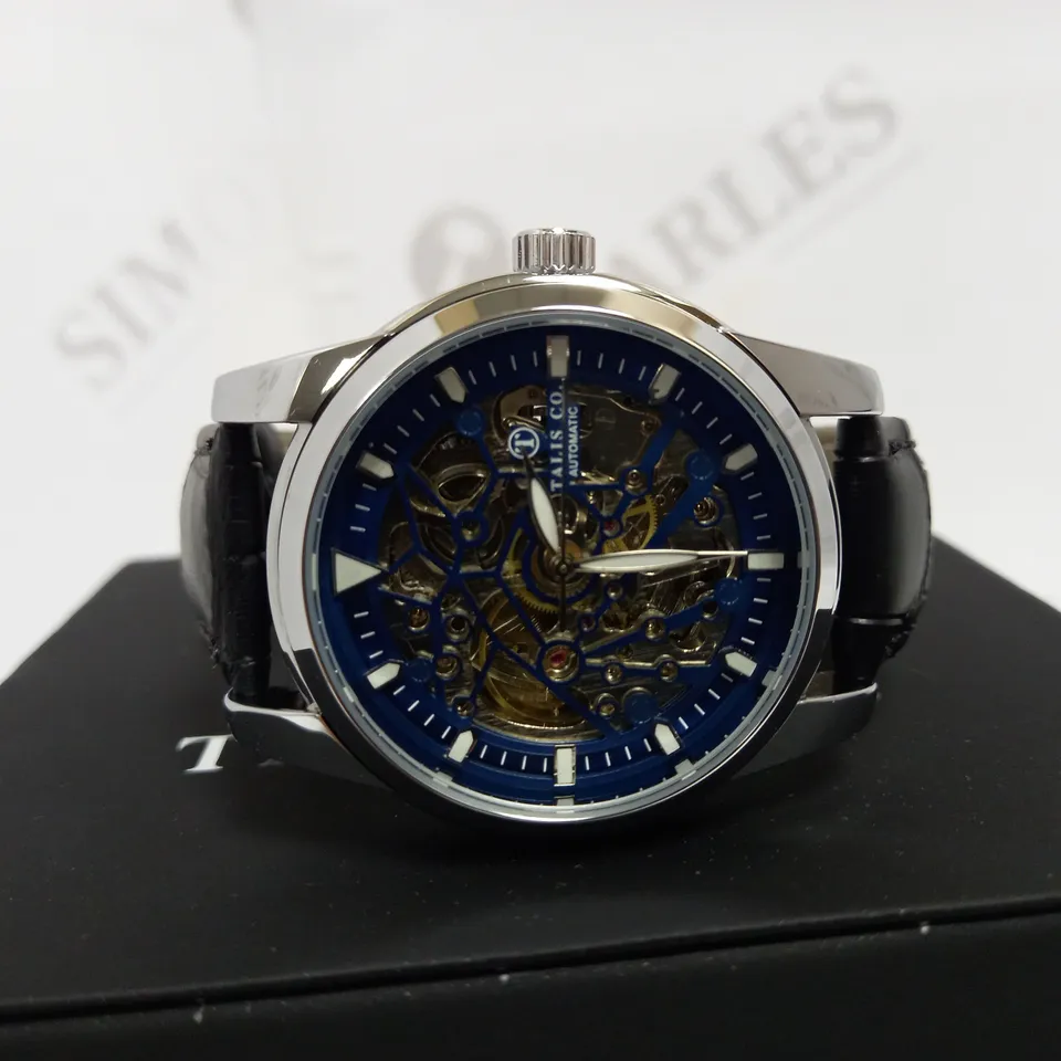 TALIS SKELETON BLUE FACE LEATHER STRAP WRISTWATCH