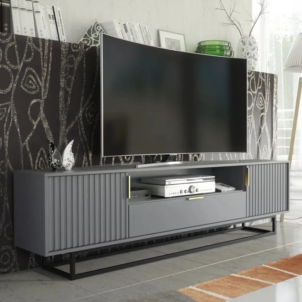 200CM LOFT RETRO NOVALEIGH TV UNIT - DARK GREY (2 BOXES)