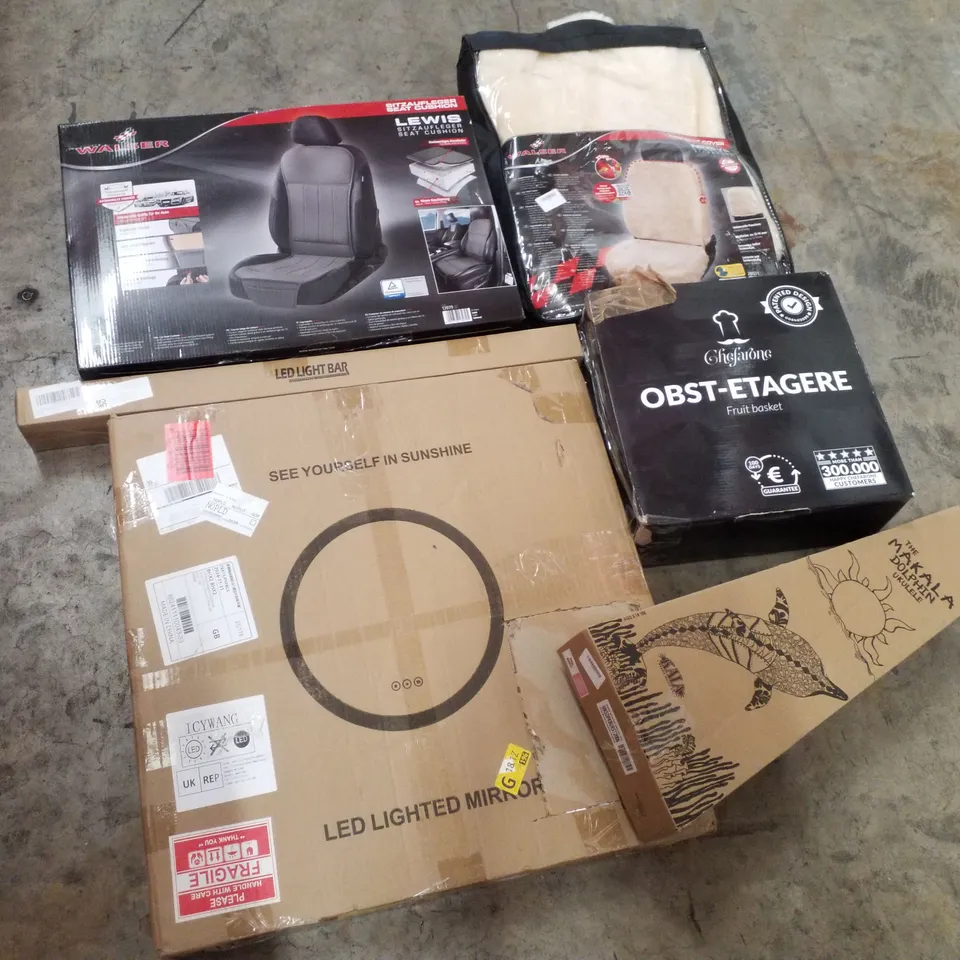 PALLET CONTAINING ASSORTED PRODUCTS INCLUDING LED LIGHTED MIRROR, FRUIT BASKET, UKULELE & WALSER SEAT CUSHIONS