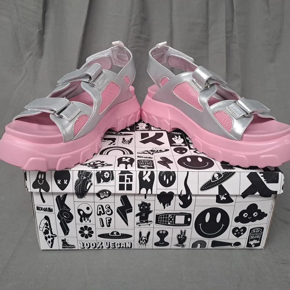 BOXED PAIR OF KOI VEGAN FATED LOVE SILVER/PINK CHUNKY SANDALS UK SIZE 6