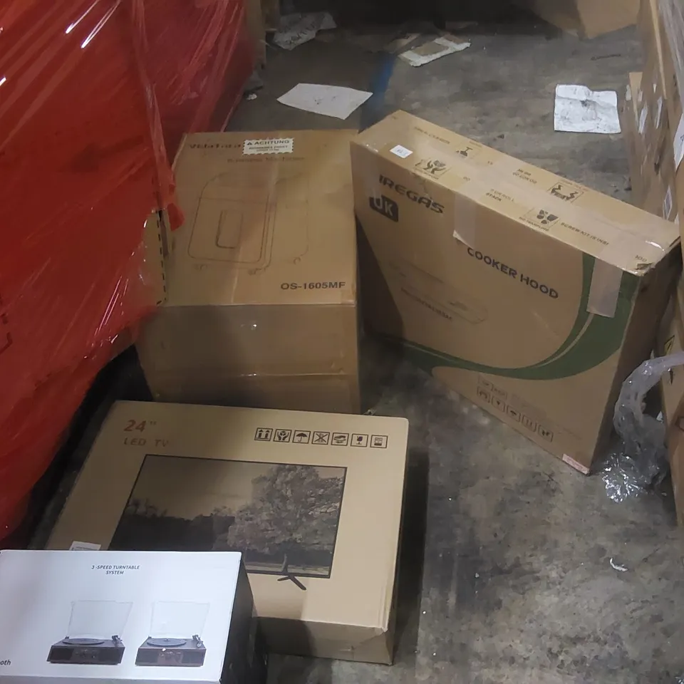 PALLET OF ASSORTED HOUSEHOLD GOODS AND PRODUCTS TO INCLUDE: PAPER SHREDDERS, COOKER HOOD, VANITY MIRROR, 3-SPEED TURNTABLE, LED TV ECT