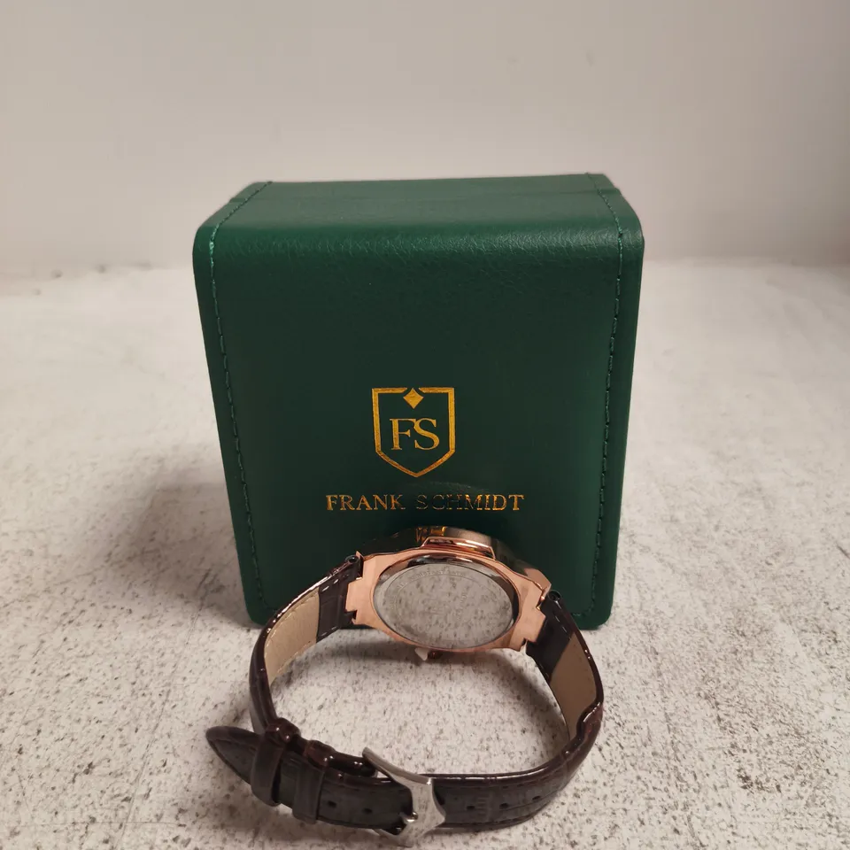 FRANK SCHMIDT FS WATCH WITH GREEN DIAL – ROSE GOLD CASE, BROWN LEATHER STRAP – BOXED