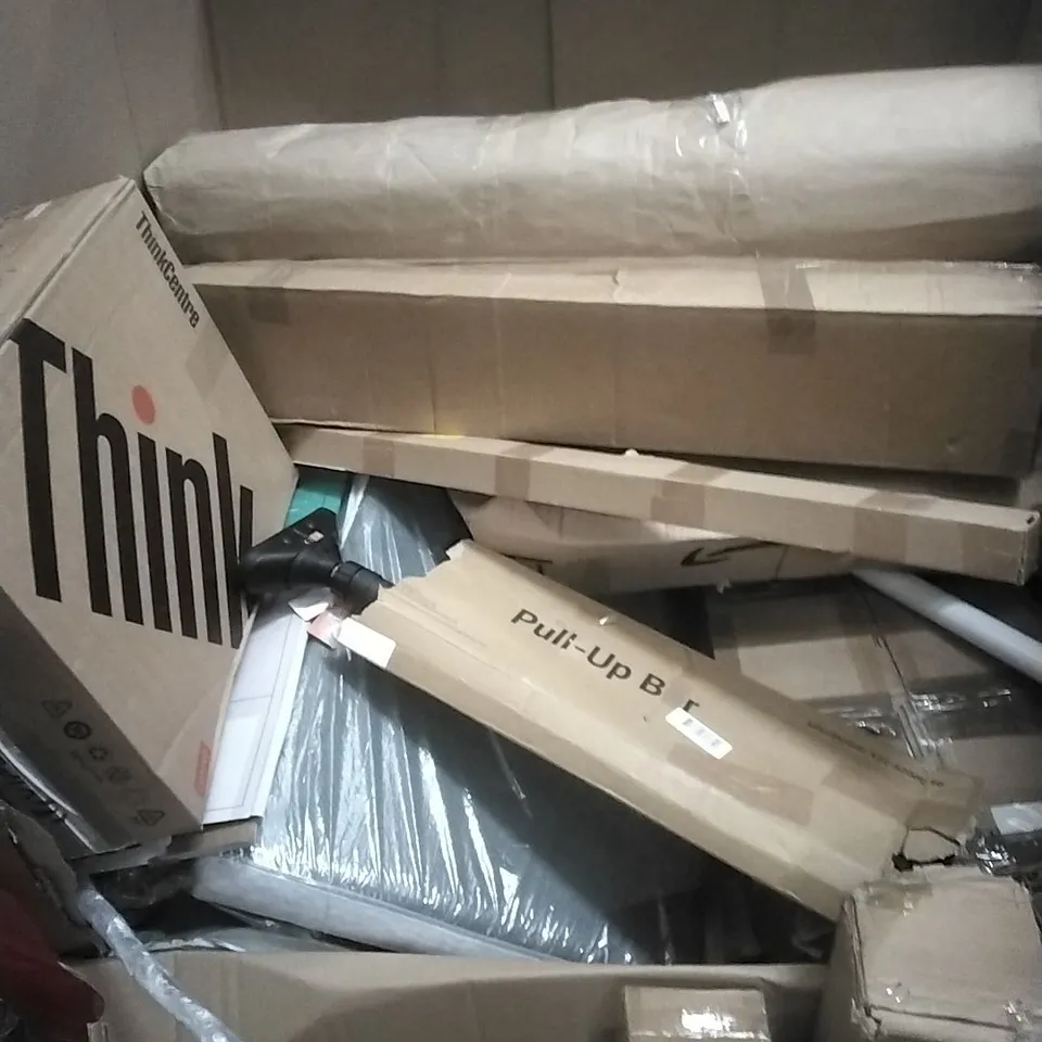 PALLET OF ASSORTED HOUSEHOLD GOODS AND PRODUCTS TO INCLUDE; PULL UP BAR, SAFETY GATE BOXED FURNITURE ETC