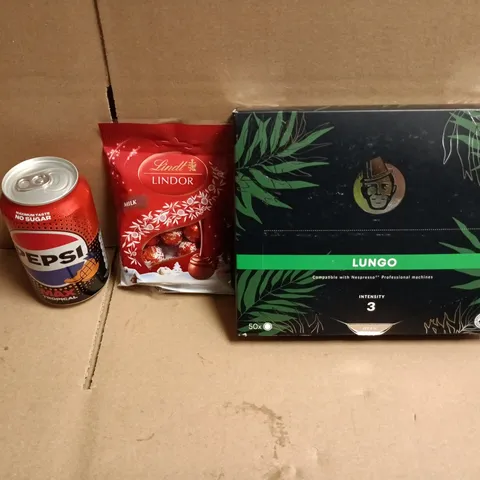 APPROXIMATELY 12 ASSORTED FOOD AND DRINKS ITEMS TO INCLUDE - PEPSI MAX TROPICAL, LINDT MILK CHOCOLATE EGGS, LUNGO COFFEE BOX OF 50 PODS ETC 