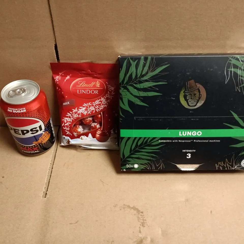 APPROXIMATELY 12 ASSORTED FOOD AND DRINKS ITEMS TO INCLUDE - PEPSI MAX TROPICAL, LINDT MILK CHOCOLATE EGGS, LUNGO COFFEE BOX OF 50 PODS ETC 