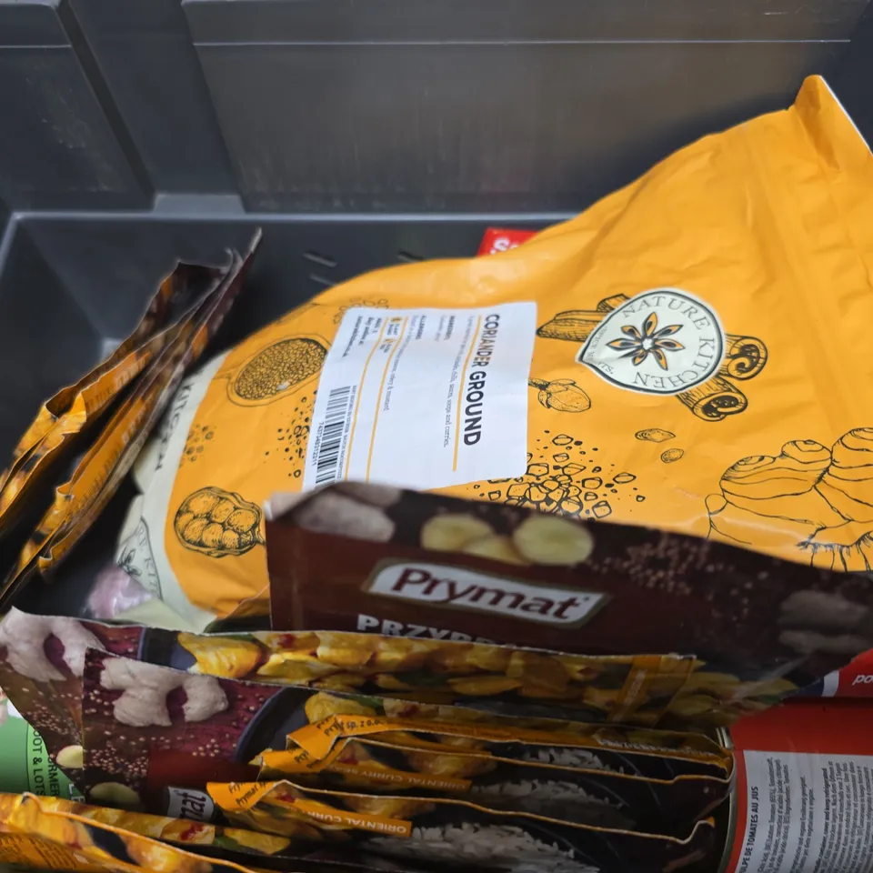 APPROXIMATELY 12 ASSORTED FOOD & DRINK ITEMS TO INCLUDE - CADBURYS CHOCOLATE BAR , MINERAL SEA SALT , CUMIN GROUND ETC