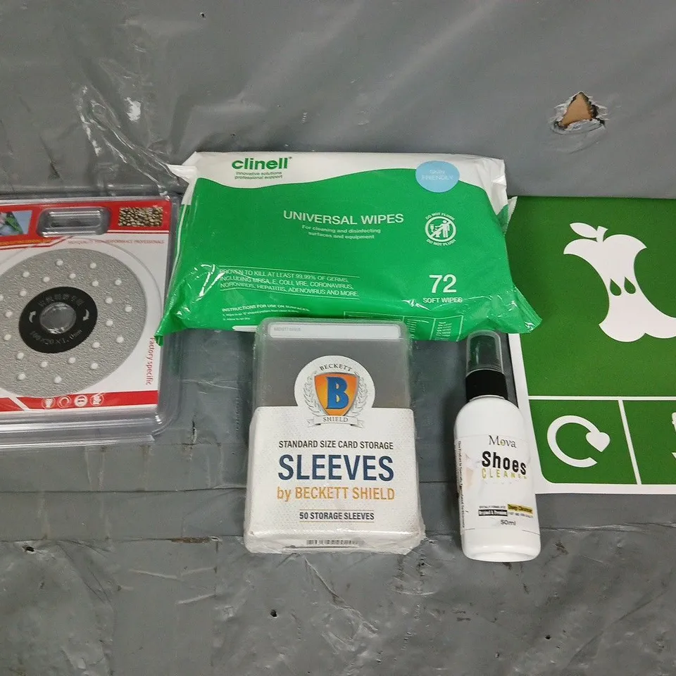 APPROXIMATELY 10 ASSORTED ITEMS TO INCLUDE - FOOD WASTE , UNIVERSAL WIPES , SHOE CLEANER ETC