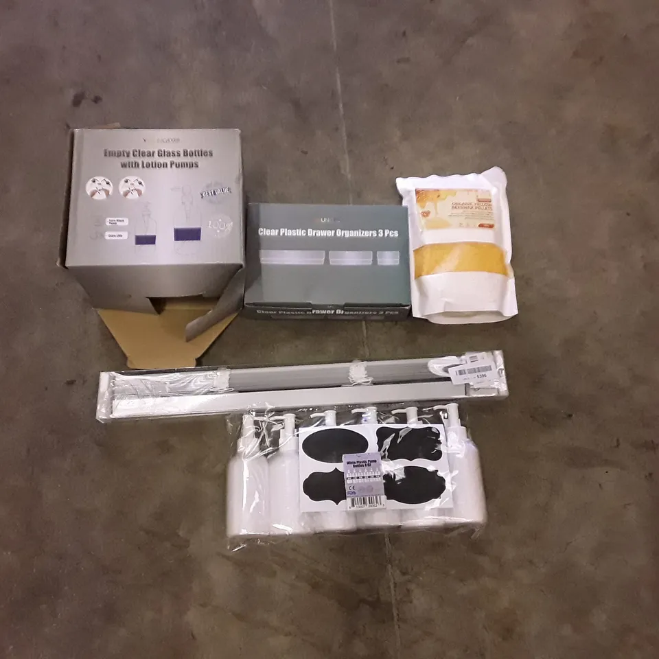 PALLET OF ASSORTED PRODUCTS TO INCLUDE; CLEAR PLASTIC DRAWER ORGANISER 3 PIECE- EMPTY CLEAR GLASS PUMP BOTTLES - YELLOW BEESWAX PELLETS ECT