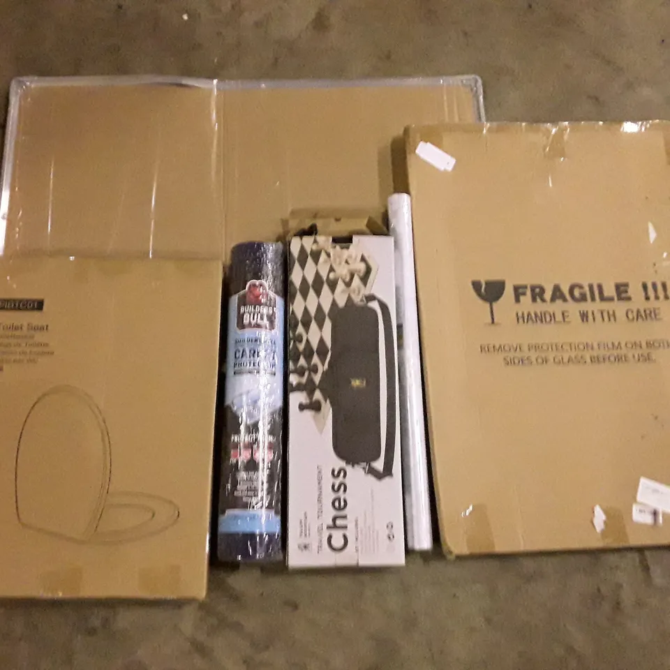 PALLET OF ASSORTED PRODUCTS INCLUDING TOILET SEAT, CARPET PROTECTOR TRAVEL CHESS SET, POSTER FRAME, MARBLE CONTACT PAPER