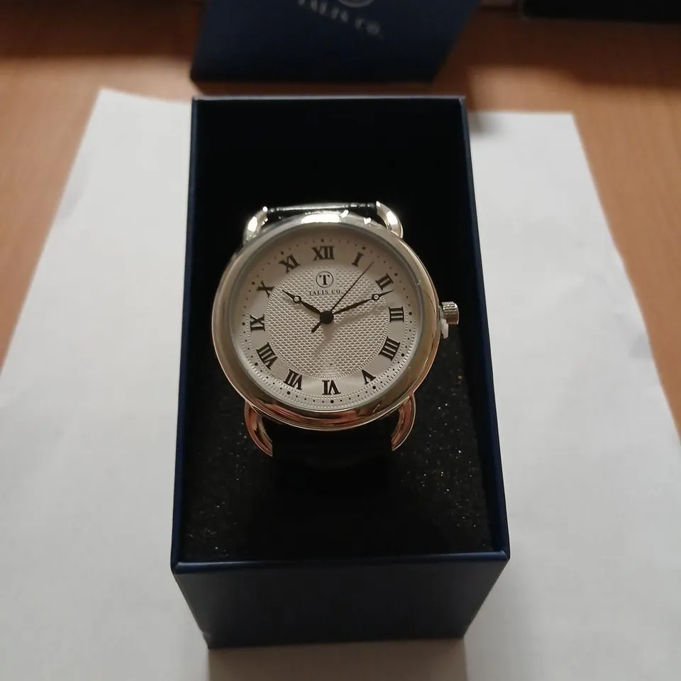 TALIS CO. WRISTWATCH – WHITE DIAL WRIST WATCH WITH BLACK LEATHER STRAP