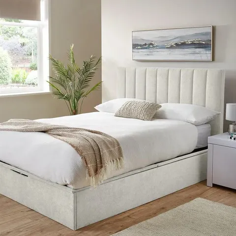 BOXED NOVA FABRIC SMALL DOUBLE LIFT UP BED FRAME - IVORY (4 BOXES)