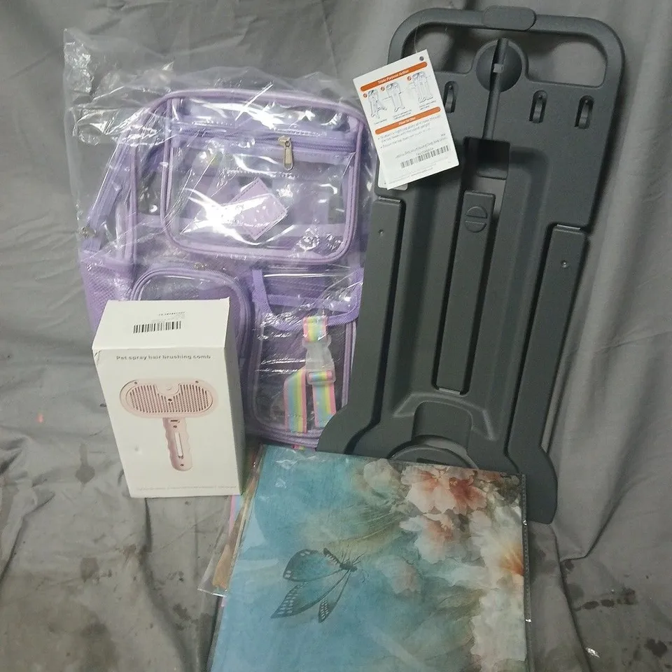 APPROXIMATELY 15 ASSORTED HOUSEHOLD PRODUCTS TO INCLUDE CHILDRENS CLEAR BACKPACK, PET SPRAY HAIR BURSHING COMB, PROSYS BED BAG STAND, ETC