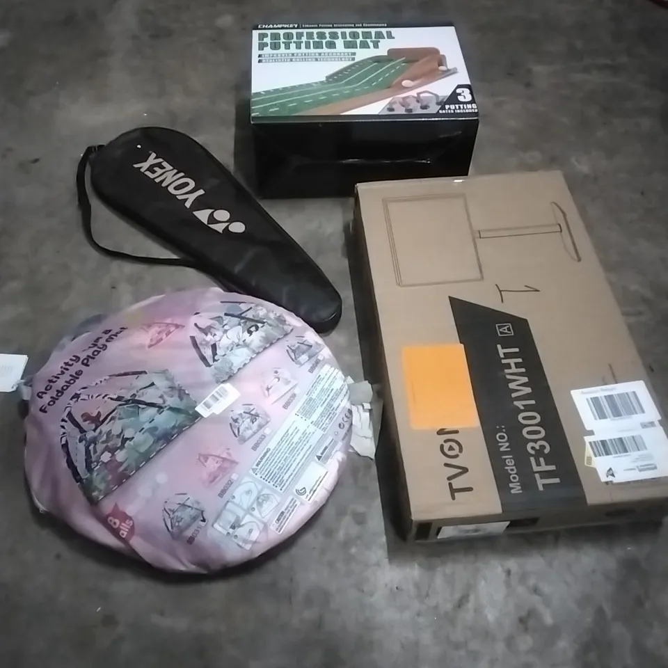 PALLET OF HOUSEHOLD ITEMS TO INCLUDE PROFESSIONAL PUTTING MAT, BADMINTON RACKET,TENT,TV FLOOR STAND AND OTHER ASSORTED ITEMS...