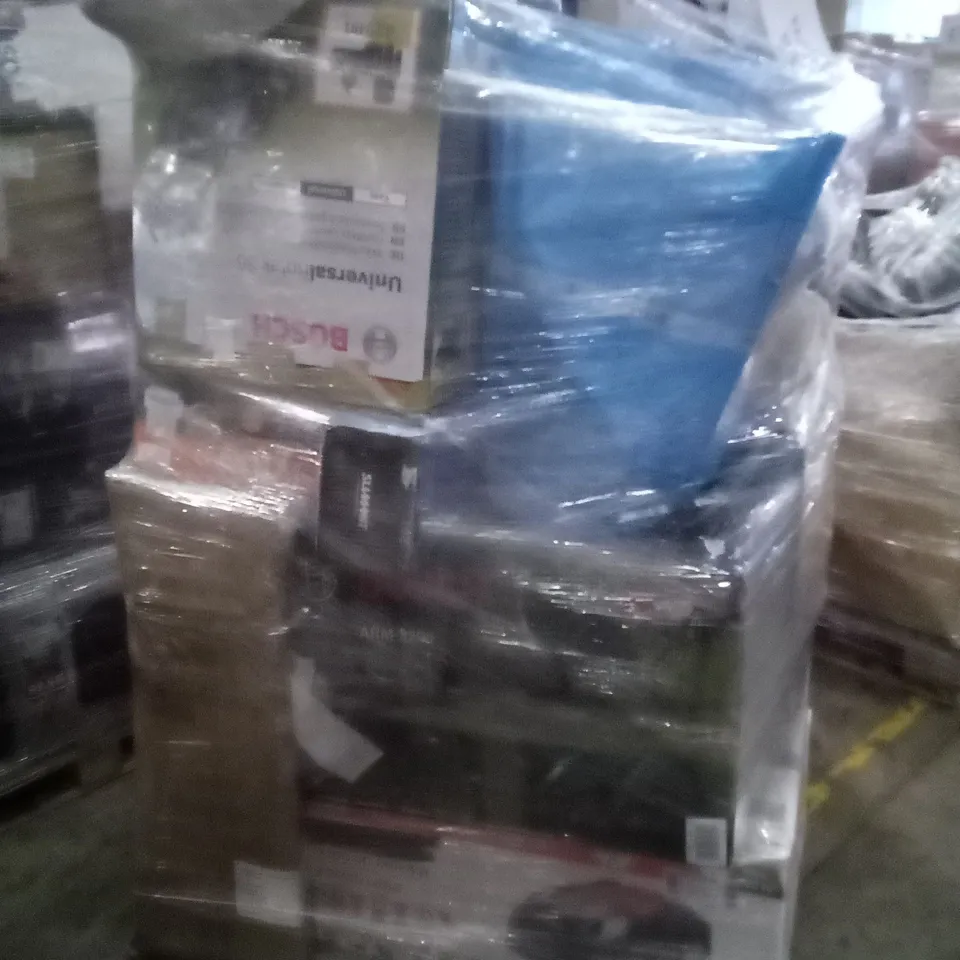 PALLET OF APPROXIMATELY 18 ASSORTED ELECTRICAL ITEMS TO INCLUDE LAWNMOWERS, GARDEN PIPES , BAND SAW 
