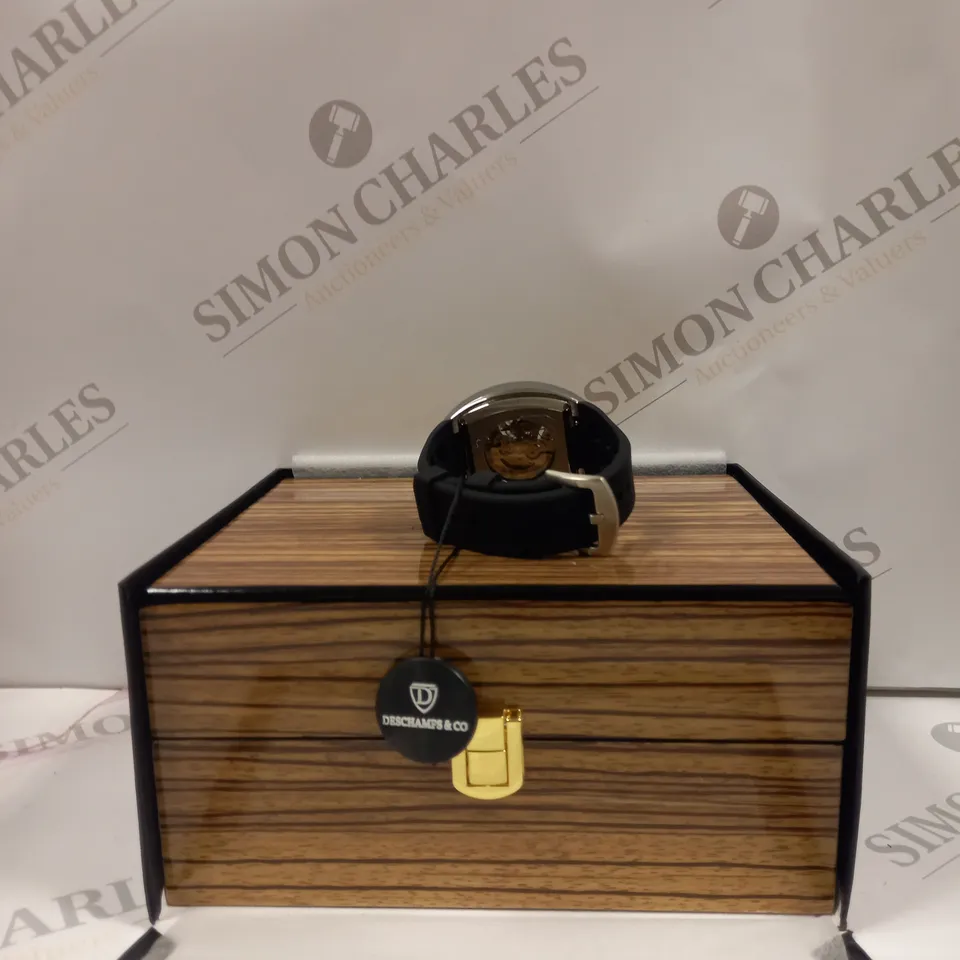 MENS AUTOMATIC DESCHAMPS & CO WATCH – SKELETON DIAL – GLASS EXHIBITION BACK CASE – RUBBER STRAP – WOODEN GIFT BOX