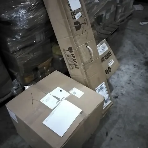 PALLET OF HOUSEHOLD ITEMS TO INCLUDE OTTOMAN POUFFE , SHOWER SYSTEM,  TOWEL WARMER AND OTHER ASSORTED ITEMS...