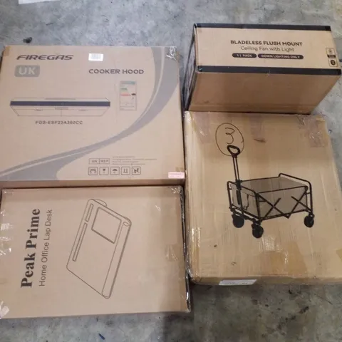 PALLET CONTAINING ASSORTED PRODUCTS INCLUDING COOKER HOOD, CEILING FAN WITH LIGHT, FOLDABLE TROLLEY & LAP DESK