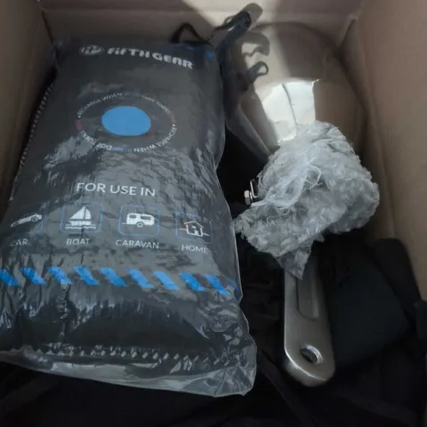 BOX OF ASSORTED ITEMS TO INCLUDE - TOOLS - EXHAUST TIP - SEAT COVERS 