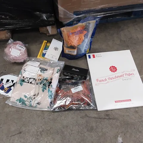 PALLET OF ASSORTED ITEMS INCLUDING: CLOTHING, HALLOWEEN DECORATIONS, BICYCLE CLEANING TOOL SET, PHONE CASE, EAR MUFFS, FRENCH PARCHMENT PAPER, CAR STICKERS
