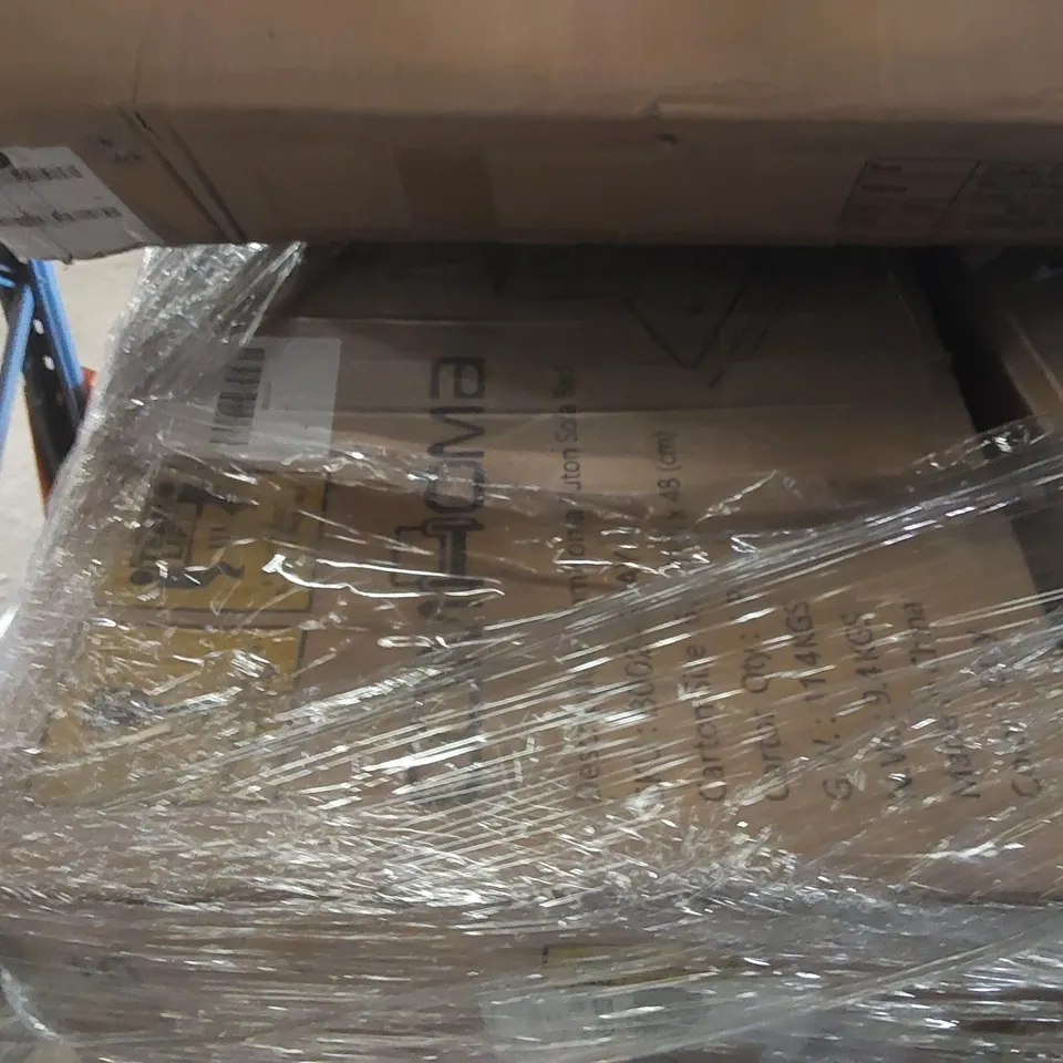 PALLET CONTAINING VARIOUS ASSORTED BOXED ITEMS TO INCLUDE: VACUUM CLEANER,  FUTON SOFA BED, SMART CAT LITTER BOX, SIDEBOARD ECT