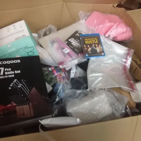 BOX OF ASSORTED ITEMS INCLUDING 17PCS KITCHEN KNIFE SET, ARMA II PC GAME, TRAILER WHEEL SET, NAIL ART TOOL SET, AMERICAN HUSTLE BLURAY