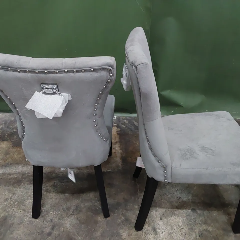 SET OF THREE UPHOLSTERED BUTTONED RING BACK DINING CHAIRS GREY PLUSH FABRIC WITH STUDDED DETAIL ON BLACK WOOD LEGS 