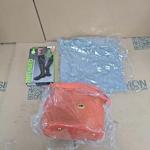 LARGE QUANTITY OF ASSORTED ITEMS TO INCLUDE COMPRESSION SOCKS, ASSORTED CLOTHES, LEATHER HANDBAG, ETC - COLLECTION ONLY